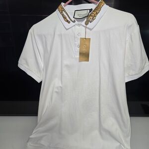Gucci White Polo with Gold Embroidered Collar